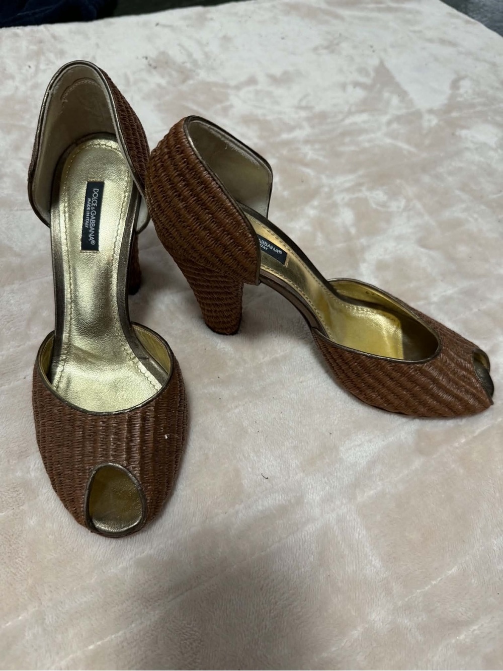 Dolce & Gabbana Brown Woven Peep-Toe Pumps